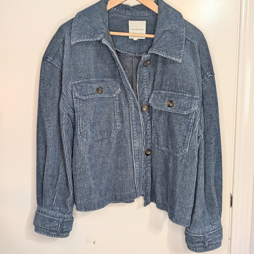 Avec Les Filles Corduroy Shacket Jacket Blue Button Front Cropped